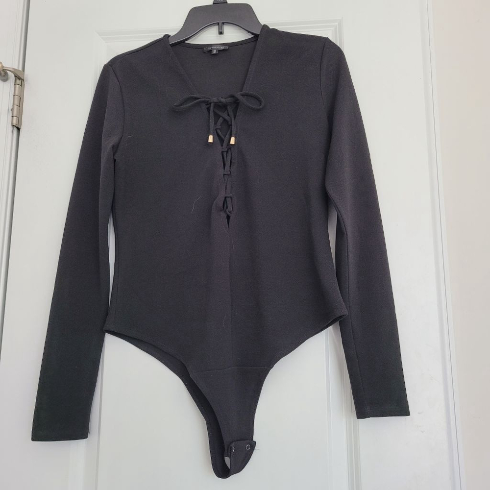 Women's Dynamite Black Long Sleeve Lace-Up Bodysuit L with Gold Accents